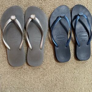 2 pair Havaianas Flip Flops in Silver and blue with gems